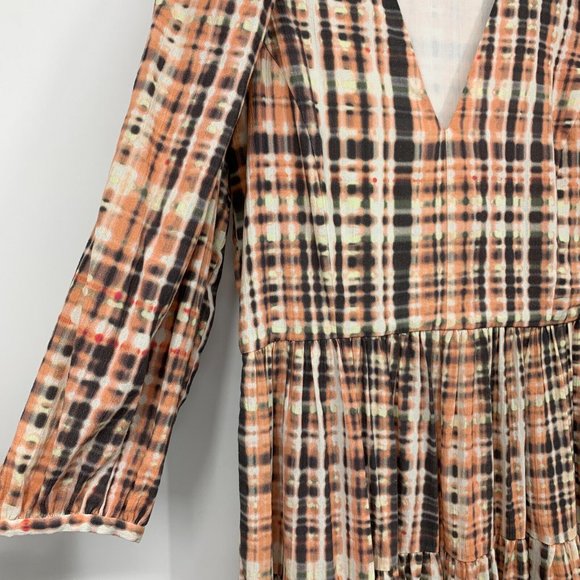 Joie Tobey Dress Multi Plaid Pink Midi Maxi V Neck Cotton 3/4 Sleeve - Picture 7 of 16